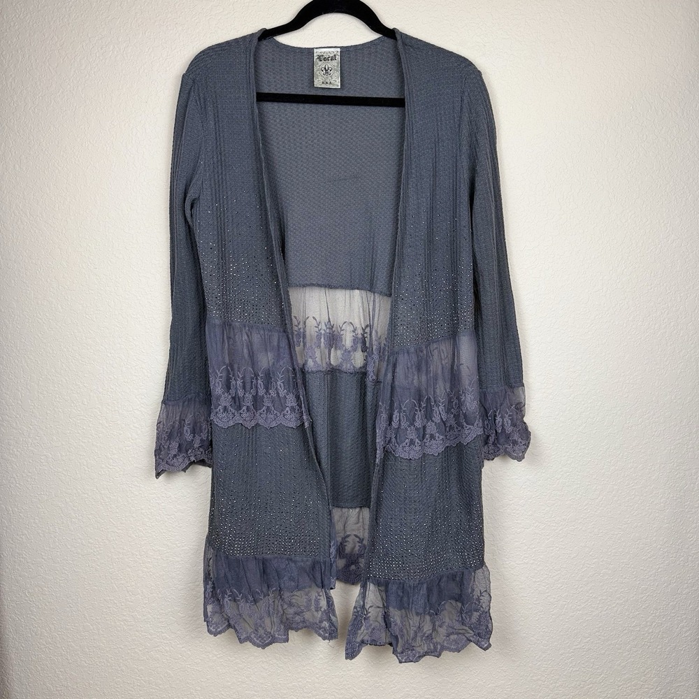 Vocal‎ Lace Waffle Knit Studded Boho Duster Cardigan Women's Sz S Boho Western